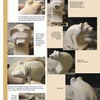 Schiffer Publishing, Ltd.’s "Carving a Sitting Bear in Soapstone" offers step-by-step photos of an unfinished bear with visible tool marks, showing multiple angles and highlighting carving progress and techniques through text notes.