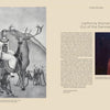 Left page shows a grayscale drawing of a woman riding a deer with spiders and another deer, honoring women artists. Right page displays the title "Emerging from the Shadows, Vol. I" by Schiffer Publishing, Ltd., and a photo of a hand with a lit match.