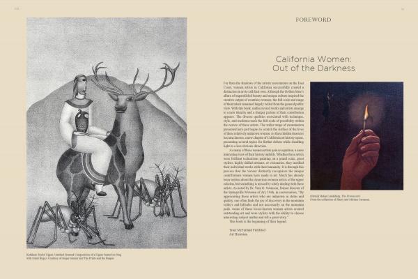 Left page shows a grayscale drawing of a woman riding a deer with spiders and another deer, honoring women artists. Right page displays the title "Emerging from the Shadows, Vol. I" by Schiffer Publishing, Ltd., and a photo of a hand with a lit match.