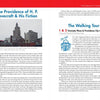 A two-page spread from Schiffer Publishing’s "Guidebook to Haunted & Strange Places in Rhode Island and Surrounds" shows the Providence skyline, text on H.P. Lovecraft sites, info on haunted tours, and an illustration of City Hall.