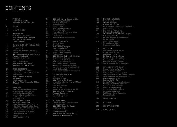 The contents page of "Objects of Desire" by Schiffer Publishing, Ltd. features white text on black, listing sections and page numbers, with headings such as erotic product design, interviewees, resources, acknowledgments, and photo credits.