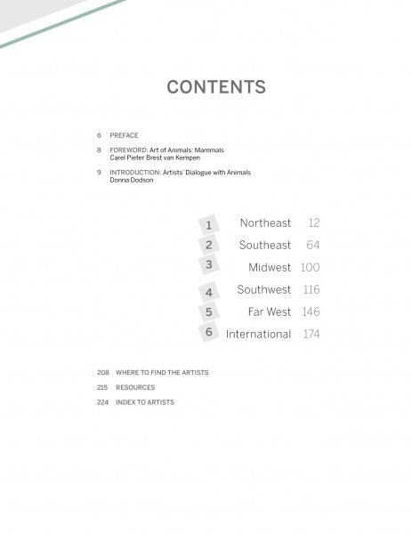 The Contemporary Art of Nature by Schiffer Publishing, Ltd. includes a table of contents with section titles and page numbers covering Northeast, Southeast, Midwest, Southwest, Far West, International, resources, animal art highlights, and an artist index.