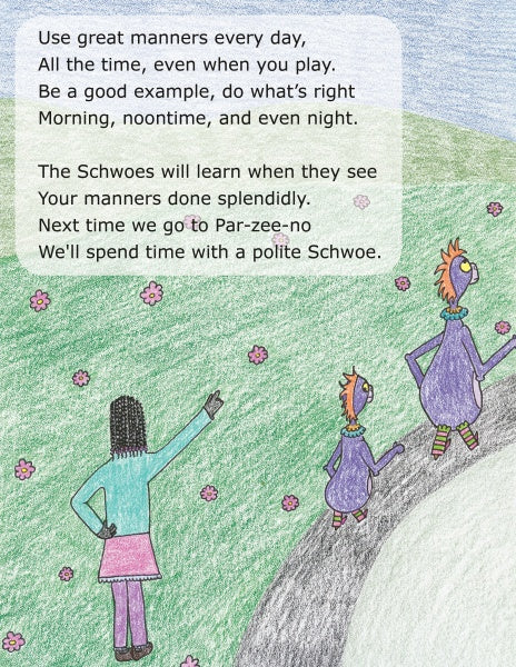 A person gestures toward Franklin the Schwoe and a friend from "Don't Be a Schwoe" by Schiffer Publishing, Ltd., as they walk on a grassy path with flowers, while a poem about good manners and healthy habits appears in the sky.