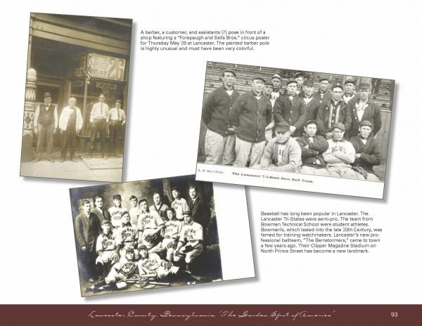 Three sepia-toned vintage photos from Lancaster County, Pennsylvania, Postcards by Schiffer Publishing, Ltd. capture local baseball teams and a shop group, offering a glimpse into Lancaster’s rich history and baseball heritage.