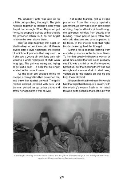 In "I Think My House is Haunted!" by Schiffer Publishing, Ltd., three uneasy girls and a worried adult sit on a bed in a spooky room, tension rising as a strange white blur—common in paranormal cases—appears nearby.