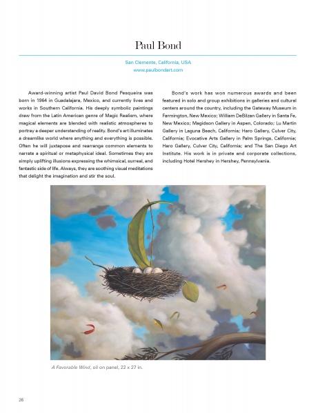 A whimsical artwork from Schiffer Publishing, Ltd.’s "Contemporary Painters" depicts a floating bird’s nest with an open book amid clouds, captivating both artists and collectors as feathers and paper swirl around slender branches.