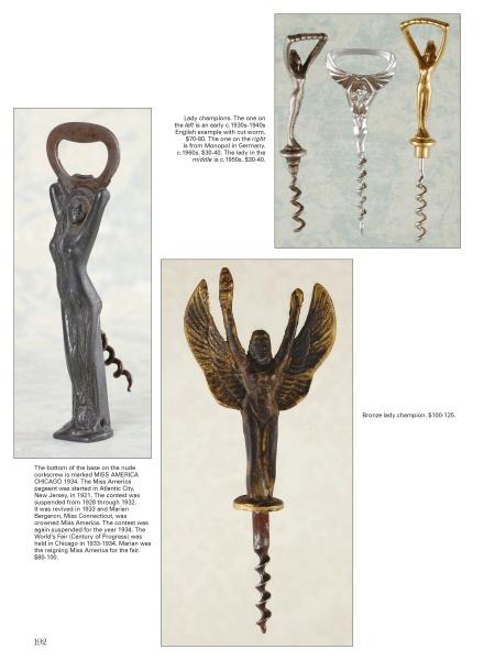 A page from Figural Corkscrews by Schiffer Publishing, Ltd. features four corkscrews shaped like women or angels, including bronze key and lady-shaped champagne openers, with descriptions and prices for each unique design.