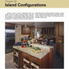 A modern kitchen from Schiffer Publishing, Ltd.'s The Kitchen Guide showcases a granite island with stools and decor. Wooden cabinets and stainless steel appliances complete the look, with text on island configurations featured above.