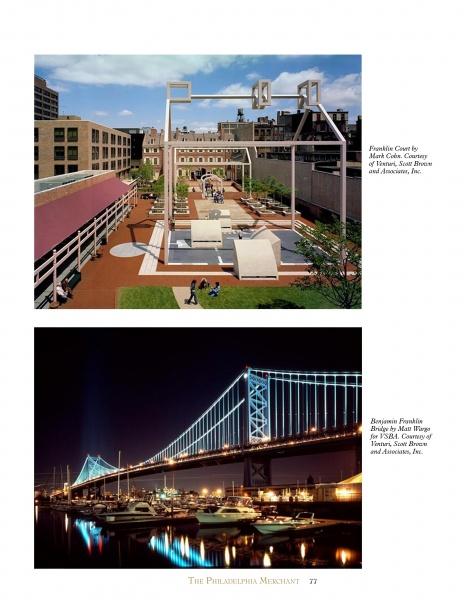 Top: An outdoor plaza with modern sculptures and visitors reflects Philadelphia's vibrant spirit. Bottom: A luminous suspension bridge at night glows over the water and boats. From Philadelphia Originals by Schiffer Publishing, Ltd.