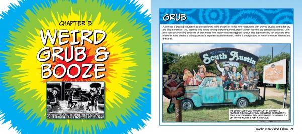A spread from Keeping Austin Weird by Schiffer Publishing, Ltd. shows Chapter 5: Weird Grub & Booze, with a burst design and a photo of people in a blue truck by a "Greetings from South Austin" mural, celebrating Austin's quirky food scene.
