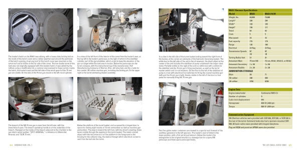 A two-page magazine spread from Schiffer Publishing, Ltd.'s "Sherman Tank Vol. 1" displays interior photos of the M4A1 Sherman, descriptive text boxes, and a yellow technical specifications table at the top right.