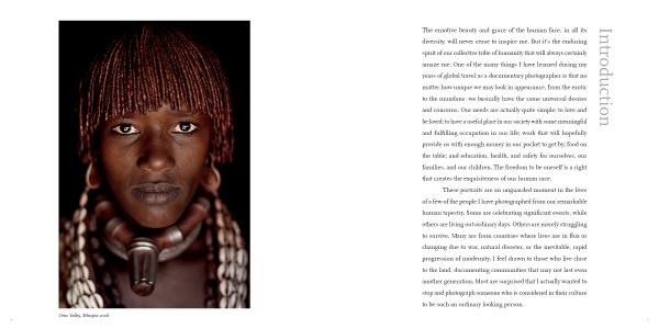 A portrait from the Daasanach tribe in Ethiopia, adorned with traditional jewelry and beads, faces the camera with a neutral gaze. Featured in "Human Tribe" by Schiffer Publishing, Ltd., text about Introduction appears on the right.