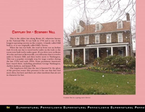 A historic stone inn, featured in Schiffer Publishing, Ltd.'s Supernatural Pennsylvania, sits behind leafless trees on a snowy spring day; the caption reads: Century Inn in a spring snow shower.