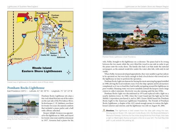 On the left, a map shows southern New England lighthouses; on the right, a Pomham Rocks Lighthouse photo appears. "Lighthouses and Coastal Attractions of Southern New England" by Schiffer Publishing, Ltd. includes text to enrich your tours.