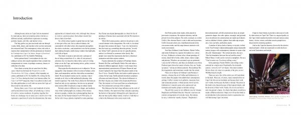 A book spread from "Contemporary Cape Cod Artist" by Schiffer Publishing, Ltd. shows five columns of text under "Introduction," beside a photo of a dim interior with seats and flags, evoking Cape Cod’s artistic legacy.