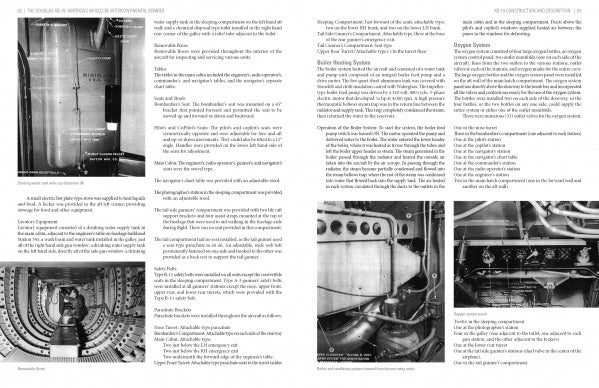 A two-page magazine spread from Schiffer Publishing, Ltd. features black-and-white photos, captions, and diagrams of the Douglas XB-19 bomber, alongside detailed technical text on its engine components and systems.