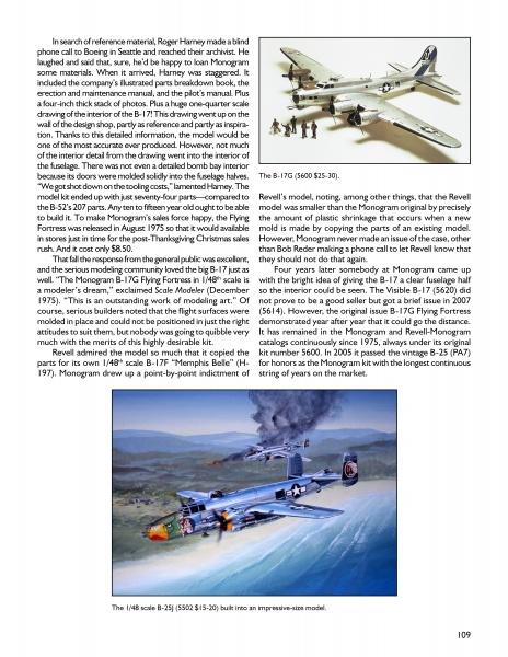A magazine page showcases two vintage airplane models—the B-17G and B-24J—highlighting their history, scale construction, and classic Monogram Models by Schiffer Publishing, Ltd., perfect for plastic model kit enthusiasts.