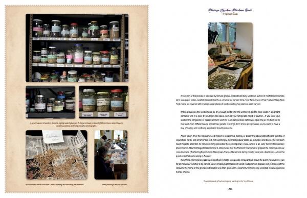 Two-page ad: Left page shows jars of dried plants and people sorting heirloom seeds. Right page displays a crafting workspace above text highlighting Heritage Gardens, Heirloom Seeds from Schiffer Publishing, Ltd. and heritage garden traditions.
