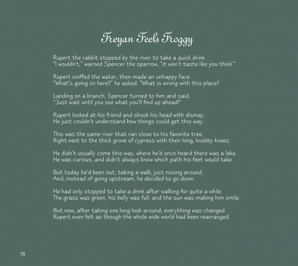 A poem titled Freyan Feels Froggy appears on a green background in Rupert's Tales: Rupert Helps Clean Up by Schiffer Publishing, Ltd. Rupert the rabbit meets Spencer the sparrow at the river. Page 18 is shown at the bottom.