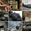 Urban Atrophy" by Schiffer Publishing, Ltd. features a collage of nine photos depicting abandoned industrial buildings, rusted machines, overgrown structures, power lines, warning signs, and decaying factories in the mid-Atlantic.