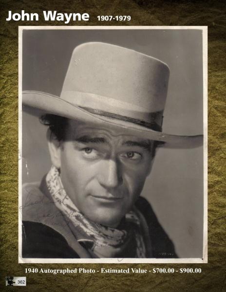 Black-and-white portrait of a man in a cowboy hat and scarf, with “John Wayne 1907–1979.” This 1940 autographed photo, valued at $700–$900, appears in Western Movie Photographs and Autographs by Schiffer Publishing, Ltd.