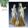 A photo of two pairs of figurines: the top pair features green, gold-accented women with fans, while the bottom pair, named "Postwar Pop" by Schiffer Publishing, Ltd., showcases silver, white, and gold geometric dresses.