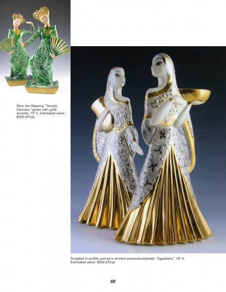 A photo of two pairs of figurines: the top pair features green, gold-accented women with fans, while the bottom pair, named "Postwar Pop" by Schiffer Publishing, Ltd., showcases silver, white, and gold geometric dresses.