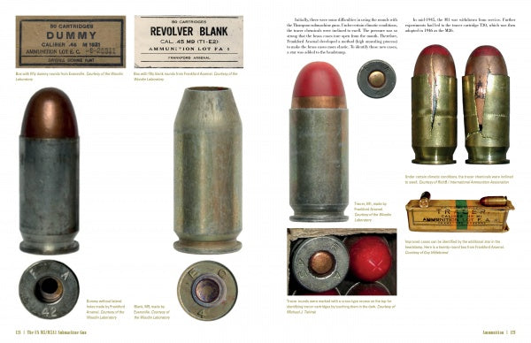 An illustrated page from "The US M3/M3A1 Submachine Gun" by Schiffer Publishing, Ltd. features ammunition types, including close-ups, cross-sections, dummy and blank cartridges, with details on WWII submachine gun rounds.