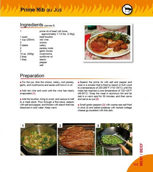 A recipe page for Prime Rib au Jus from Schiffer Publishing, Ltd.'s "Grilling Like a Champion" displays images of prime rib, cooked roast, and vegetables, plus ingredients, prep steps, and expert grilling tips.