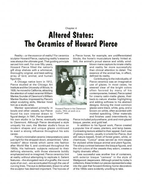 A page from Postwar Pop by Schiffer Publishing, Ltd. features a black-and-white photo of Howard Pierce creating ceramics, with columns detailing his life, style, and influence on American culture.