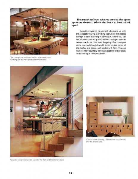 Inspired by "Hollywood Bachelor Pads" by Schiffer Publishing, Ltd., this modern home features a spacious kitchen with wood cabinetry, a staircase of recycled beams, and a minimalist bedroom with custom cabinetry.