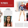 A spread from Alvarado's Cosplay Pin-ups (Schiffer Publishing, Ltd.) features a model in black strappy lingerie and as Supergirl—merging pin-up and pop culture. Below, she appears without makeup in a casual look; the text discusses working with models.