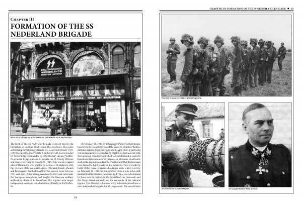 A two-page spread from *The 23rd Waffen-SS Volunteer Panzergrenadier Division Nederland* by Schiffer Publishing, Ltd. shows the division HQ above a theater and WWII photos of Dutch SS volunteers and officers in action.