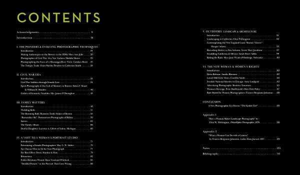 The table of contents in "Women in the Dark" by Schiffer Publishing, Ltd. spans two black pages with white section titles and page numbers. "CONTENTS" is in bright green at the top left, highlighting women photographers in American photo history.