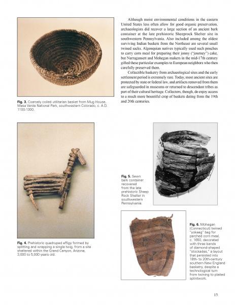 A page from Schiffer Publishing, Ltd.'s "American Indian Baskets" featuring images and captions of ancient woven baskets and animal effigies, with text on archaeological finds and historic Native American basketry in the western US.