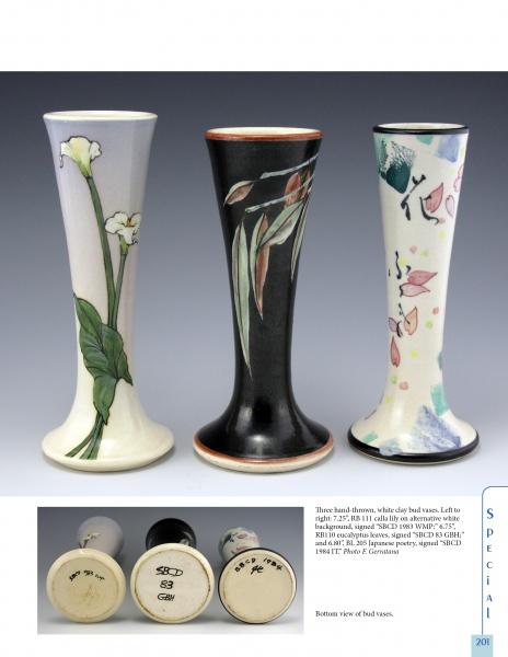 Three tall, slender vases with flared tops from Santa Barbara Ceramic Design by Schiffer Publishing, Ltd. feature unique ceramic art: white calla lilies, green foliage on black, and a multicolor abstract floral pattern.