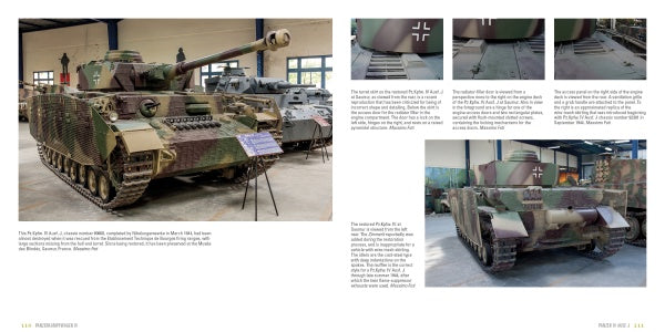 The Schiffer Publishing, Ltd. Panzerkampfwagen IV, a WWII German tank with camouflage paint, is shown in a museum alongside other military vehicles, with the right page offering close-up and rear views plus detailed descriptions.