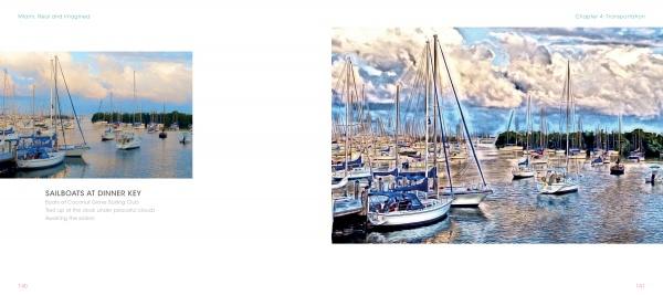 In "Miami, Real and Imagined" by Schiffer Publishing, Ltd., two pages feature Hank Klein’s Miami photography: left page—a smaller photo with text; right page—a vivid, large marina image with sailboats on calm water under a cloudy sky.