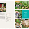 The two-page spread in "Grill Skills: Professional Tips for the Perfect Barbeque" by Schiffer Publishing, Ltd. features rustic table settings with potted herbs, vintage utensils, recipes, grilling tips, and edible decorations made from fresh greens.