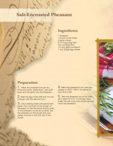 A recipe page from "Cooking Wild Game" by Schiffer Publishing, Ltd. showcases salt-encrusted pheasant with a European flair. The layout includes elegant script, warm colors, ingredient list, prep steps, and a small photo of herbs with pheasant.