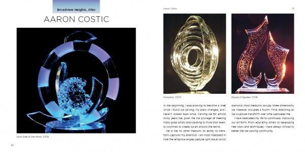 A two-page catalog spread from Schiffer Publishing, Ltd. features "Contemporary Ice Sculpture" with glass works by renowned artist Aaron Costic, including a blue circle, an oval spiral, and interlocking flames, plus descriptive text.