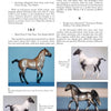 A Schiffer Publishing catalog page features four Hartland Horses: a dapple bay with teal wraps, a black pinto polo pony, a dapple grey Tennessee Walker stallion, and a black pinto—each a detailed plastic collectible.