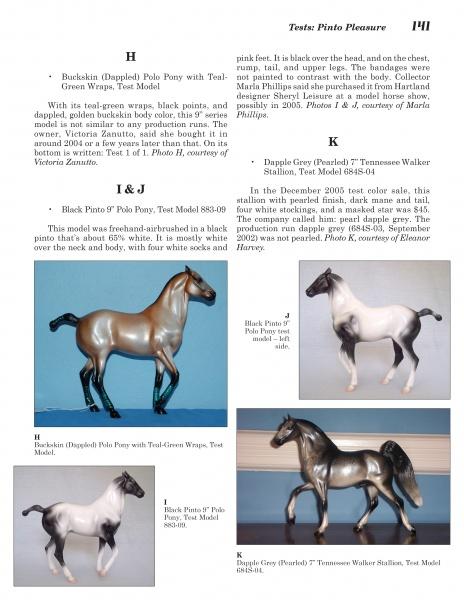 A Schiffer Publishing catalog page features four Hartland Horses: a dapple bay with teal wraps, a black pinto polo pony, a dapple grey Tennessee Walker stallion, and a black pinto—each a detailed plastic collectible.