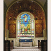 Featured in Schiffer Publishing, Ltd.’s "Savannah’s Historic Churches," this apse and chancel has wooden pews, ornate red and gold walls, and a stunning stained glass window, showcasing Savannah's elegant religious architecture.