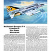 A detailed illustration from "Box Top Air Power" by Schiffer Publishing, Ltd. shows a McDonnell Douglas F-4 Phantom II Navy jet, number 5753, soaring under partly cloudy skies in classic model kit box art style.