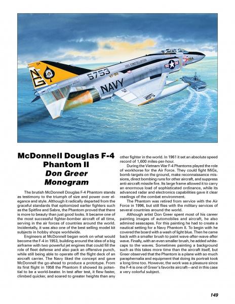 A detailed illustration from "Box Top Air Power" by Schiffer Publishing, Ltd. shows a McDonnell Douglas F-4 Phantom II Navy jet, number 5753, soaring under partly cloudy skies in classic model kit box art style.