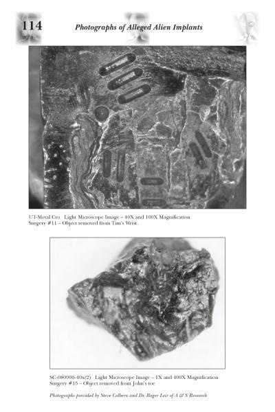 The "Photographs of Alleged Alien Implants" page in Alien Encounters in the Western United States (Schiffer Publishing, Ltd.) features two B&W microscope images of irregular metallic objects, one with oval markings, with captions noting magnification and subjects.