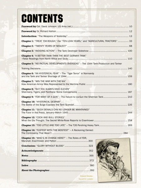 Table of contents from "For Want of a Gun" by Schiffer Publishing, Ltd., lists chapters on WWII tank battles, technology, and history. At the bottom right, a sketch shows an armored division soldier holding a pipe and reading a letter.