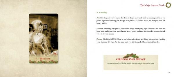 An open book from Schiffer Publishing’s A Christmas Tarot shows the Magician card—a ghostly woman in vintage dress. The right page features card meanings, a holiday angel message, and holly illustration.