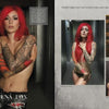 A heavily tattooed, long red-haired woman—featured as a standout model in Ink ’N Girls 2 by Schiffer Publishing, Ltd.—poses topless with one arm over her chest on one page and in black lingerie on the other, alongside three smaller images.